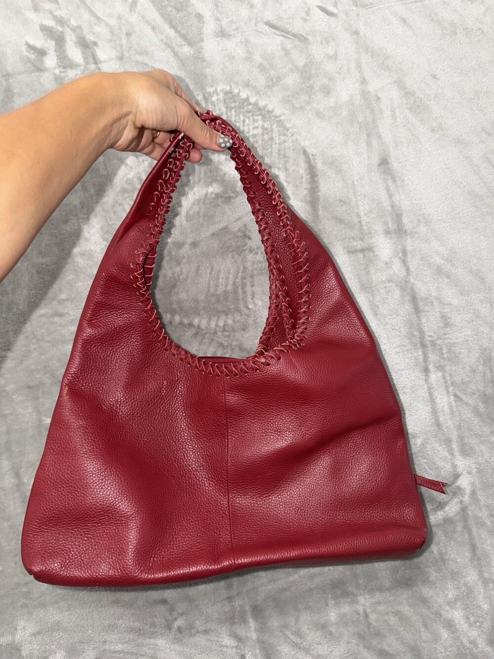 Vintage Ashneil Red Pebbled Leather Hobo Shoulder Bag Braided Whipstitch M